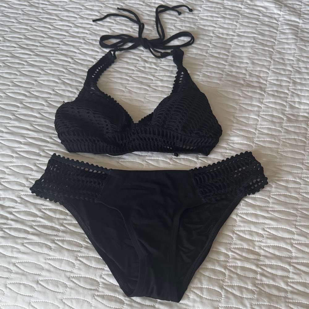 Robin Piccone Black Crochet Halter Bikini Set